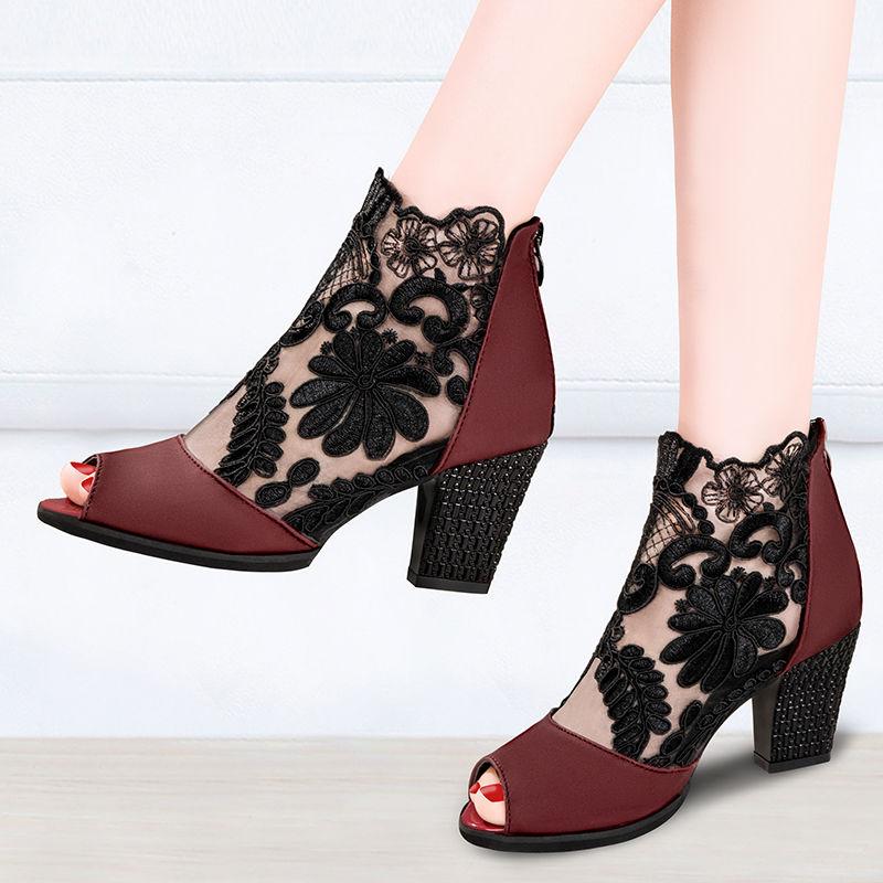 Sandals Female Fish Mouth Shoes Mid-heeled Large Size Sandals Breathable Mesh Shoes Ladies Lace High Heels Sexy All-match