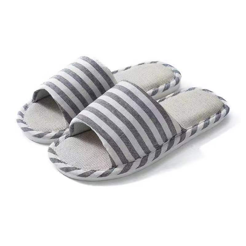 Men and Women Four Seasons Linen Thick-soled Slippers Couple Horizontal Stripes Simple Home Bedroom Slippers Floor Confinement Shoes