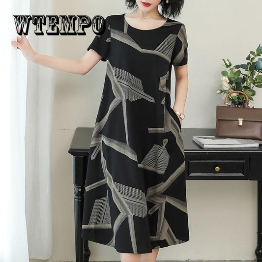 Dress Women Casual Patchwork 1/2 Sleeved Cotton Linen Oversize Loose Dress  Clothing Party Dress