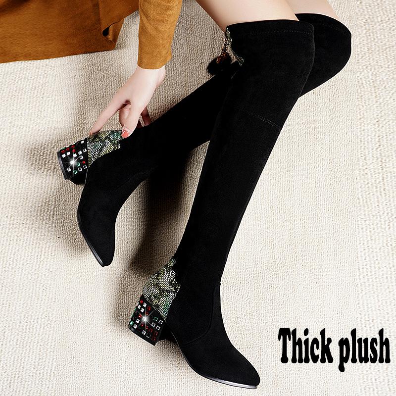 Women Over The Knee High Boots Hoof Heels Winter Shoes Pointed Toe Sexy Elastic Fabric Women Boots