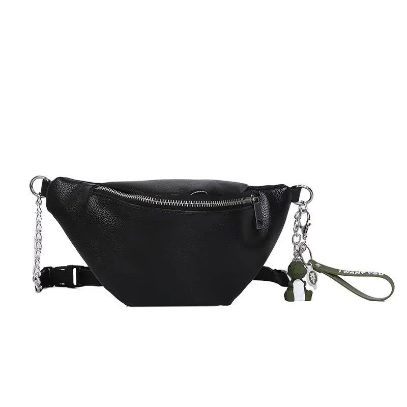 Unisex Casual Sling Bag Waist Packs Shoulder Crossbody Bags Zipper Chain Black PU Leather Bag