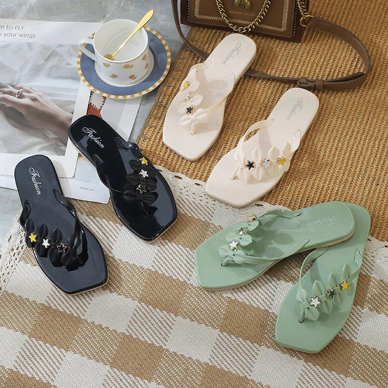 Square Head Flip-flops Girls Summer New Daily Wear Non-slip Seaside Beach Shoes Elegant Women's Flip Flops