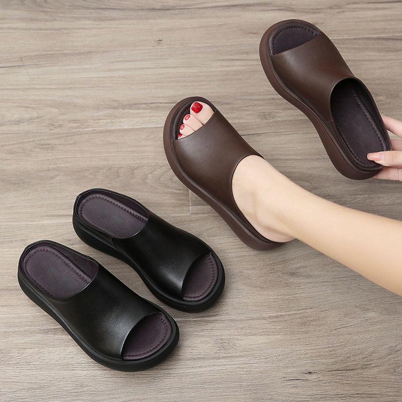 Women Sandals Platform Wedge PU Leather Mules Open Toe Slides Shoes Summer High Heels Sandals