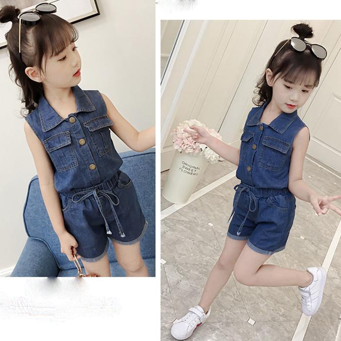 Girls Clothing Sets Summer Denim Short T-shirt+Pants Korean Style Single Breasted 2Pcs for Kids Baby Suit Cowboy Suit