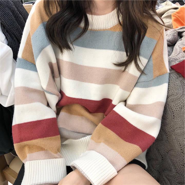 Pofulove Loose Pullover Sweater Women Autumn  Winter Cute Colored Striped Knitted Sweater Student