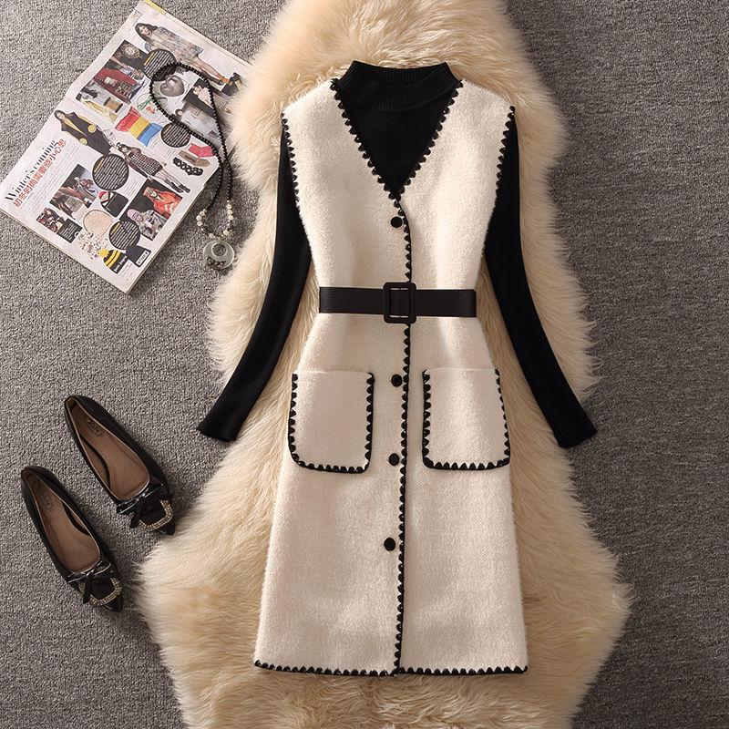 Autumn and Winter Solid Color Knitted Bottoming Shirt and Waistcoat Two-piece Set Waist Was Thinner Female Thermal Suit French Retro Style