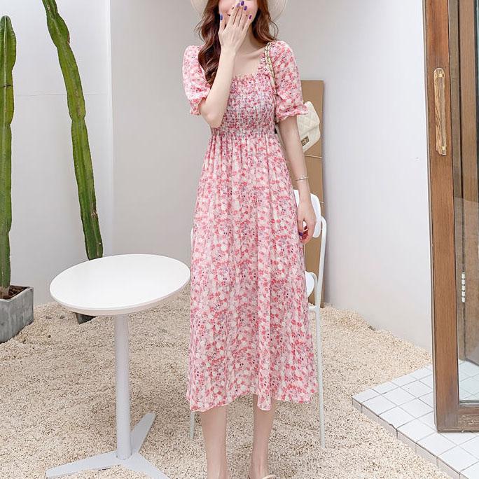 Female Vintage High Waist Super Fairy Holiday Dress Elegant Slim Little Fresh Chiffon Floral Print Dress