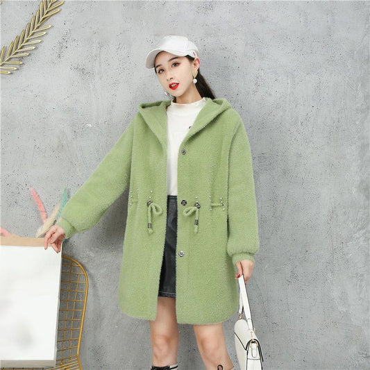 No Pilling Beaded Mid-length Sweater Autumn and Winter Korean Loose Cardigan Thick Long-sleeved Coat