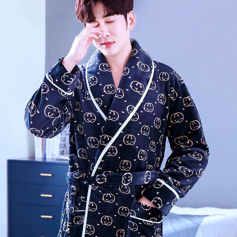 Men Large Size Home Clothes Pajamas G Chain Print Robe Coat Absorbent and Quick-drying Bathrobe Long