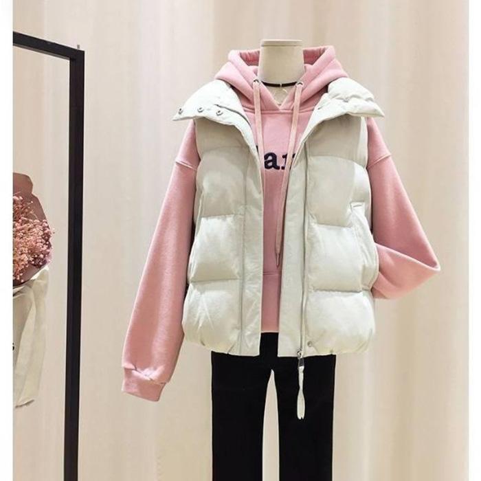 Large Size Stand-up Collar Down Padded Jacket Women's Short Autumn and Winter All-match Loose Waistcoat Waistcoat Warmth Padded Padded Jacket