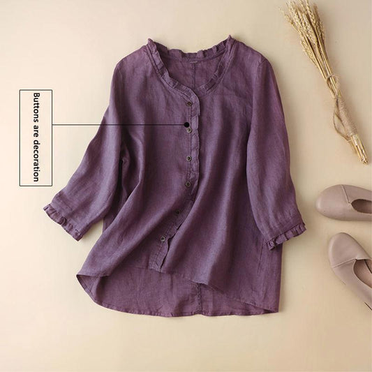 100% Cotton Literary Retro Shirt Top Women Loose All-match Five-point Sleeves Thin Breathable