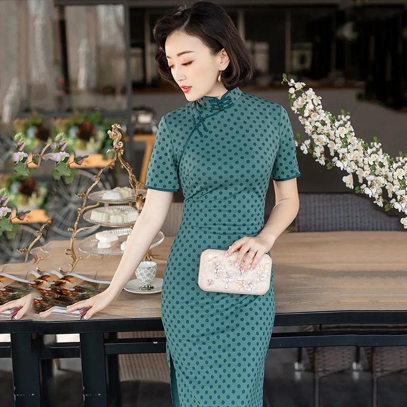 High-end Daily Cheongsam Dress Spring and Summer Knitting Improved Cheongsam Dress Mid-length Temperament Mother