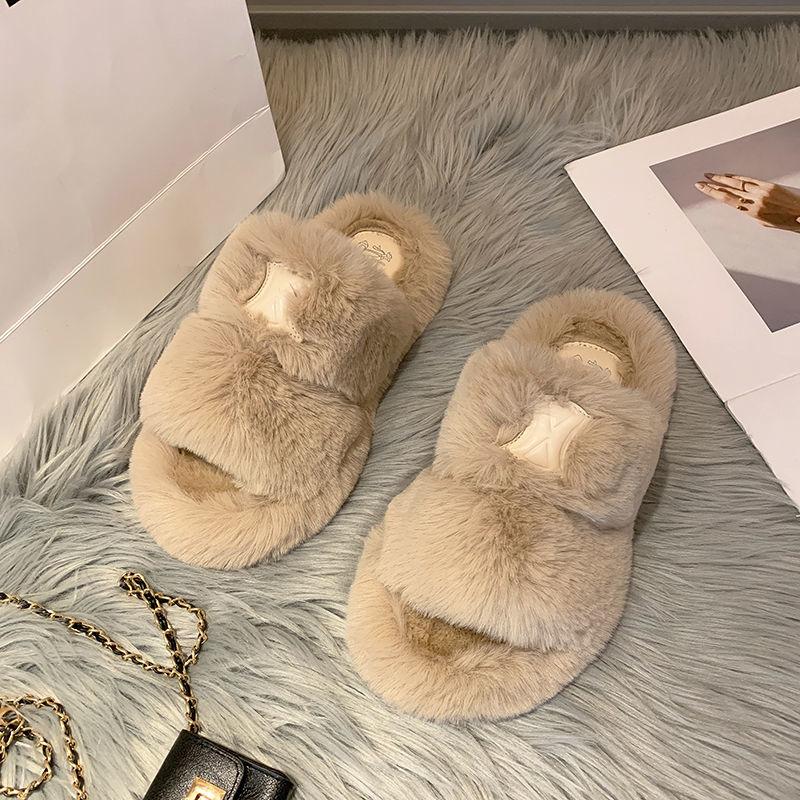 Ladies Cotton Slippers Plush Slippers Fall Winter Fashion Outer Wear All-match Flat Flat Shoes