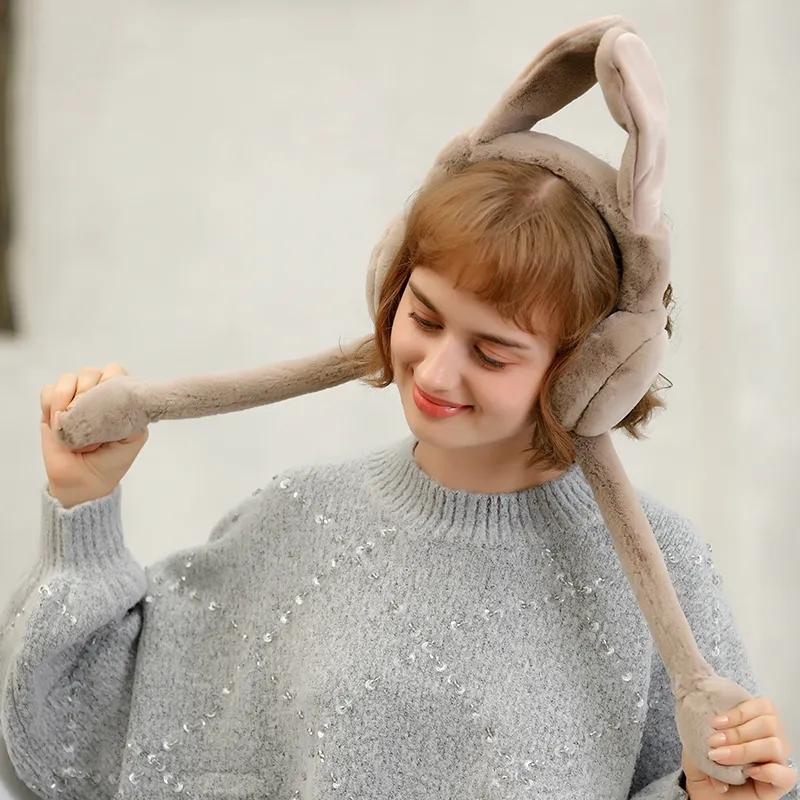 Stand Up Rabbit Ears Earmuffs for Women Cute Long Ears Rabbit Earflap Soft Fur Solid Foldable Ear Warmer Lovely Cartoon Warm Ear Cover Pad