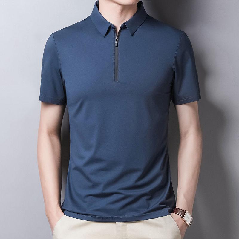 Men's Lapel Zipper T-shirt Solid Color Short-sleeved T-shirt POLO Shirt Middle-aged and Elderly Casual Tops