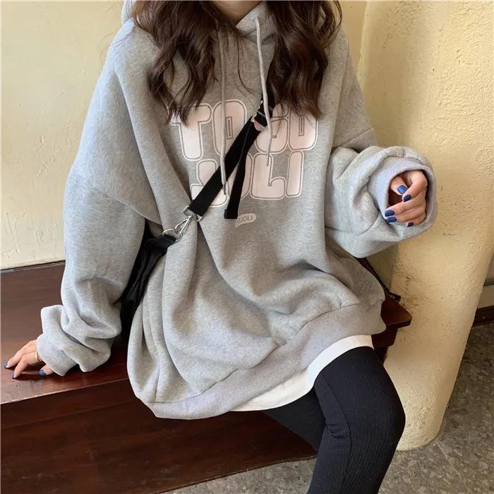 Sweater Women's Ins Plus Velvet Thickened Student Korean of The Loose BF Lazy Style Letter Printing Top Hooded Jacket Printing Pullover Sweater