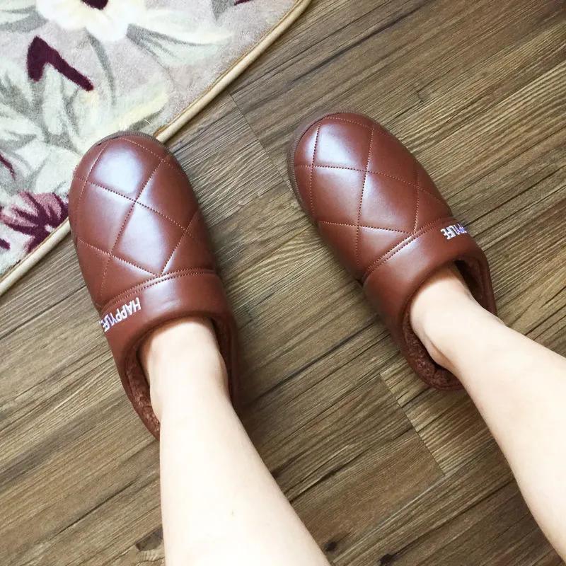 Winter Platform Slippers Women Leather Waterproof Plus Size Mens Thick Fleece Warm Cotton Shoes Home Indoor Casual Non Slip Slides  Winter Slipper