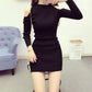 Spring Autumn Women's Knitted Pullover Sweater Sexy  Off-shoulder Long Sleeve Knit Dress Women's Mid-length Bag Hip Base Bodycon Sweater Dress