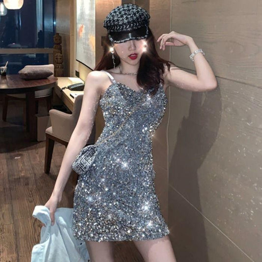 Women's Summer Open Back Solid Color Slim Fit Flash Sequin Suspender Hip Wrap Short Dress