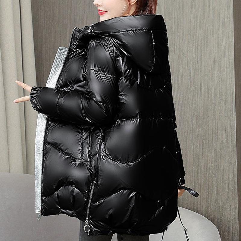 Glossy Disposable Women's Down Padded Jacket Mid-length Hooded Cotton-padded Jacket Fashionable Waist Thinner Jacket