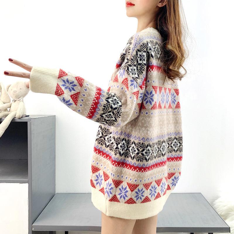 Autumn and Winter Retro Geometric Pattern Sweater Loose Casual Jacquard Top Pure Cute Girl Sweater