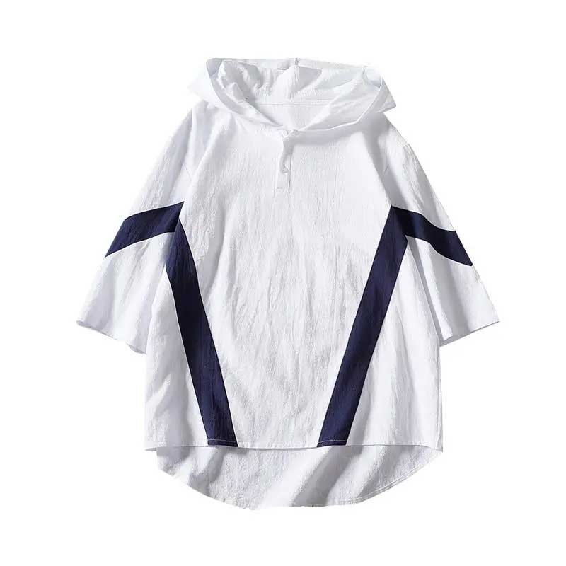 Summer Linen Three-quarter Sleeve Men's Hooded Sweater Loose Large Size Contrast Color Five-point Short-sleeved Hooded Top