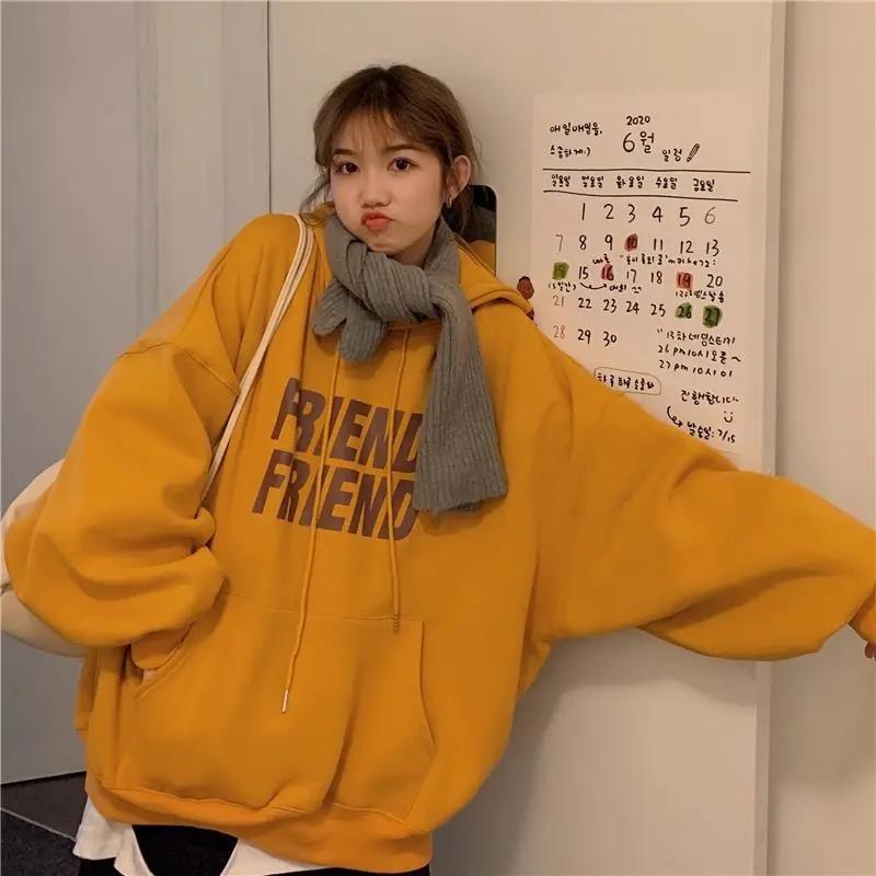 Autumn and Winter Hooded Pullover Sweater Korean Hip Hop Plus Velvet Thickening Harajuku Lazy Wind Sweater Female Student Loose All-match Top Coat