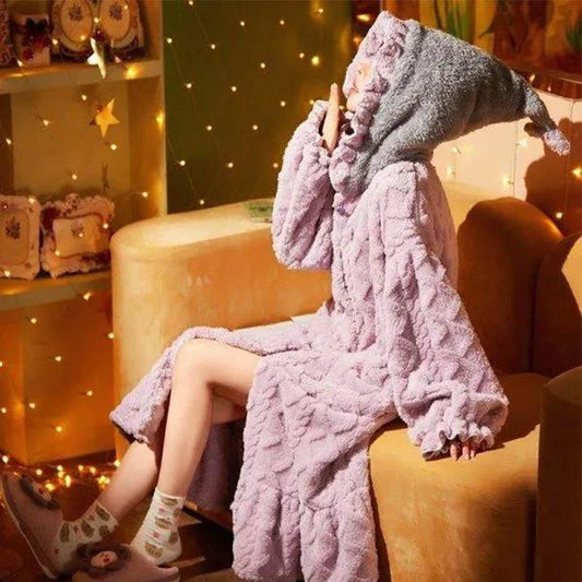 Christmas Pajamas Party Purple Nightgown Women Plus Velvet Thick Cute Loose Long Nightdress Super Thick Jacquard Flannel Can Be Worn Outside