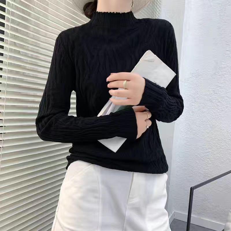 Autumn Winter Women Stretch Pleated Slim Knit Sweater All-match Thin Bottoming Shirt Top High Neck Pullover Jumper