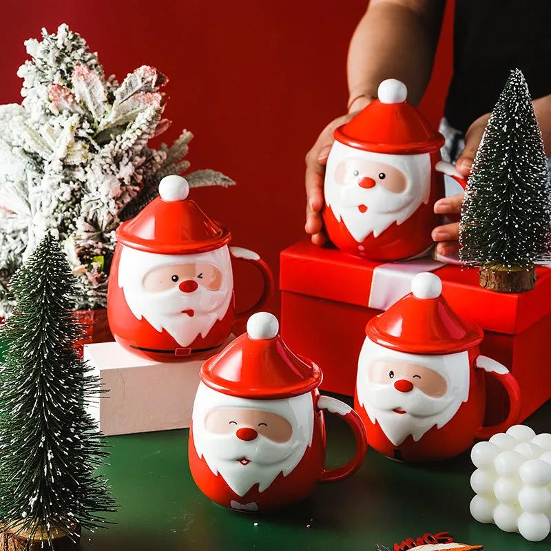 Creativity Santa Claus Ceramic Mugs with Spoon Coffee Cups Breakfast Drinking Milk Water Mugs Christmas Gift Tableware