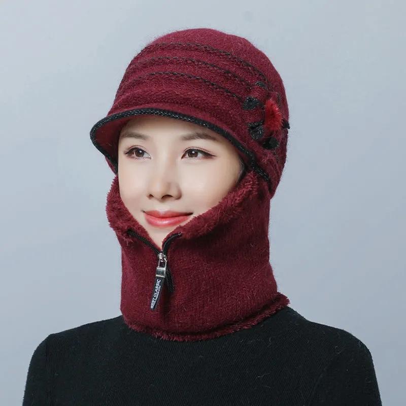 Women's Hat Autumn and Winter Floral Face Ear Protection Wool One-piece Scarf Mask Hat Plus Velvet Thickening Cycling Windproof Warm Mother Hat