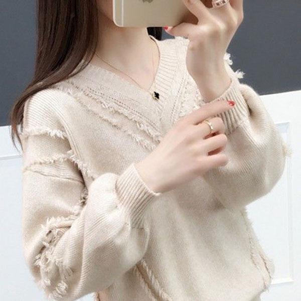 Spring and Autumn V-neck Sweater Pullover Solid Color Long-sleeved Casual Jacket Loose Young Women's Bottoming Shirt