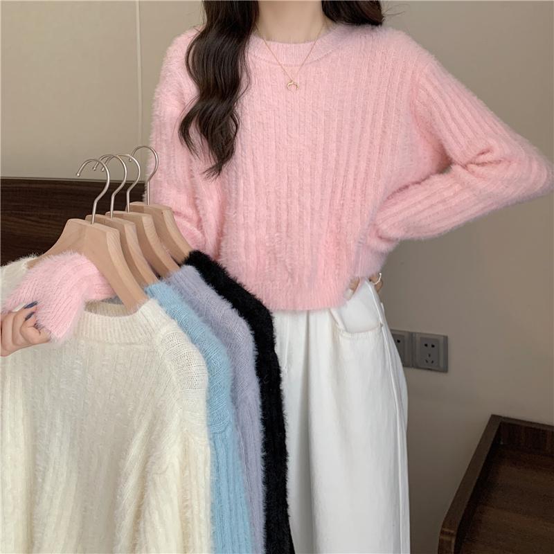 Pink Sweater Women Knitted Pullover Sweater O Neck Long Sleeve Loose Casual Jumper Furry Fall Winter Women Sweater Cropped Tops Short Clothes