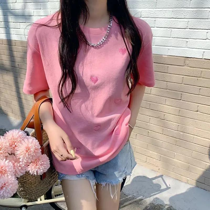 Cotton Women's Summer Round Collar  Tees Loose Breathable Love Embroidery Simple Short Sleeve Harajuku All-match T Shirt Tops