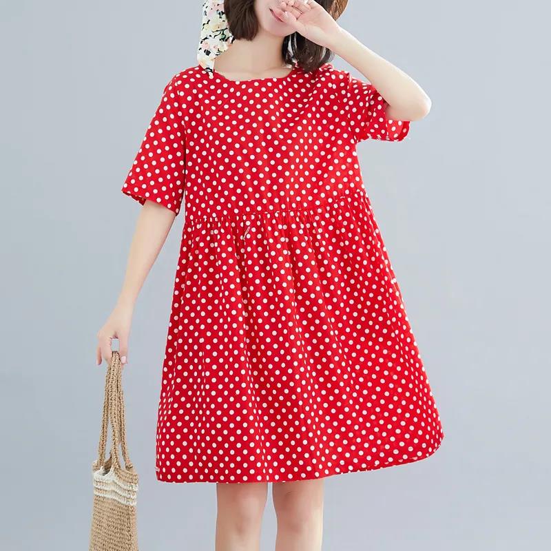 Summer Women's Polka Dot Short-sleeved Loose Mid-length Skirt Large Size Dress Loose Casual Covering Belly Thin Fabric Light and Breathable