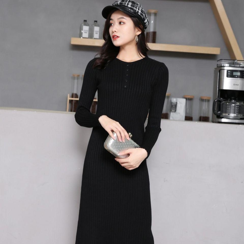 All-match Feminine Dress Fashion Temperament Slim Slimming Long-sleeved Knitting Mid-length Bag Hip Skirt