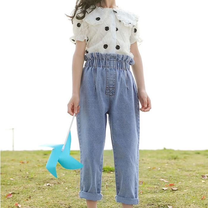 2PCS Children Clothing Set Spring Summer Girls Suits Wave Point Short Sleeve Tops + Denim Pants Clothing Set