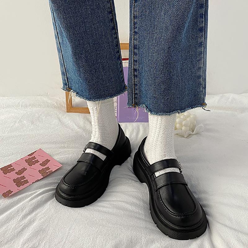 British Style Small Leather Shoes Spring Korean Version of Thick Heel Belt Buckle Single Shoes Retro Loafers Women