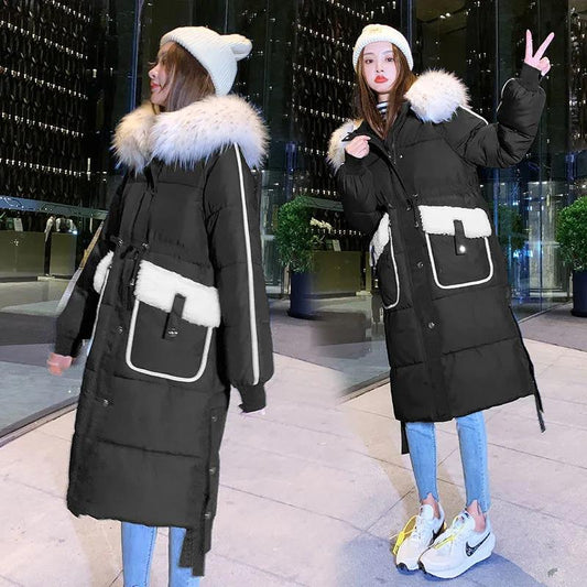 Down Jacket Winter Korean Fashion Big Fur Collar Mid-length Hooded Thick Warm Large Size Jacket Suitable for Women