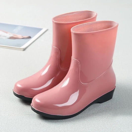 Waterproof Non-slip Women's Rain Boots Ladies Four Seasons Water Shoes Solid Color Middle-tube Rubber Shoes