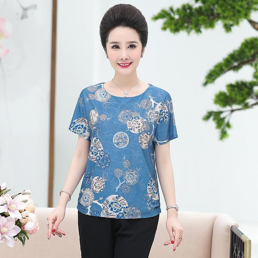 Ice Silk Thin Women's T-shirt Round Neck Short-sleeved Loose Summer Casual Top Printed T-shirt Fabric Is Smooth Light and Breathable