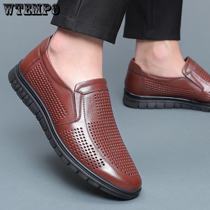 Summer Top Layer Leather Business Casual Shoes Men's Hollow Hole Shoes Leather Men's Shoes