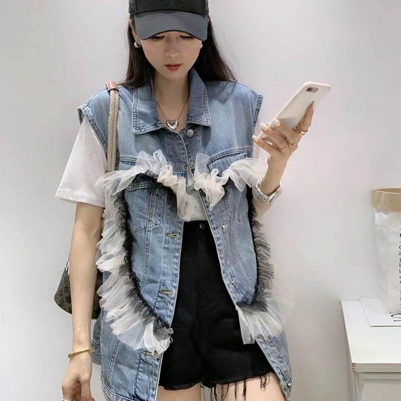 Denim Vest Women Stitching Lace Sweet Casual Sleeveless Waistcoat Jacket Women