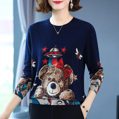 Autumn and Winter Women's Knitted Sweater Cartoon Print Sweater Round Neck Pullover Long Sleeve Bottoming Shirt Loose Fashion