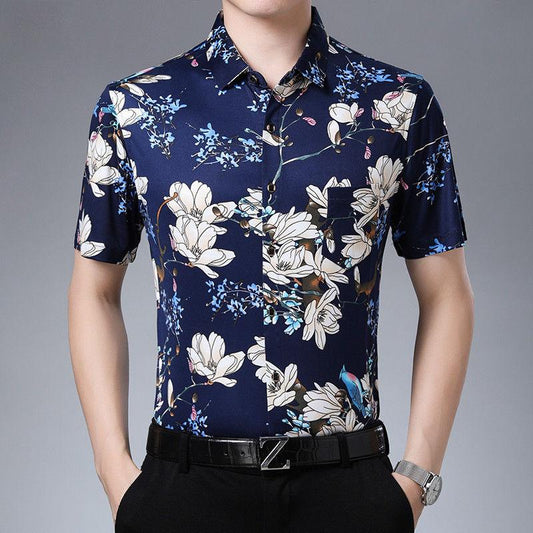 Summer Real Pocket Men's Short-sleeved Printed Shirt Fashion Simple Men's Shirt Middle-aged and Elderly Large Size Dad Outfit