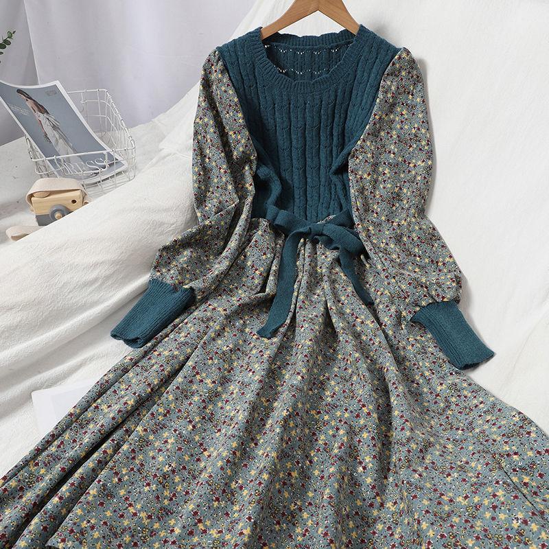 Autumn and Winter Women's Dress Stitching Knitted Long dress A-line Corduroy Floral Dress