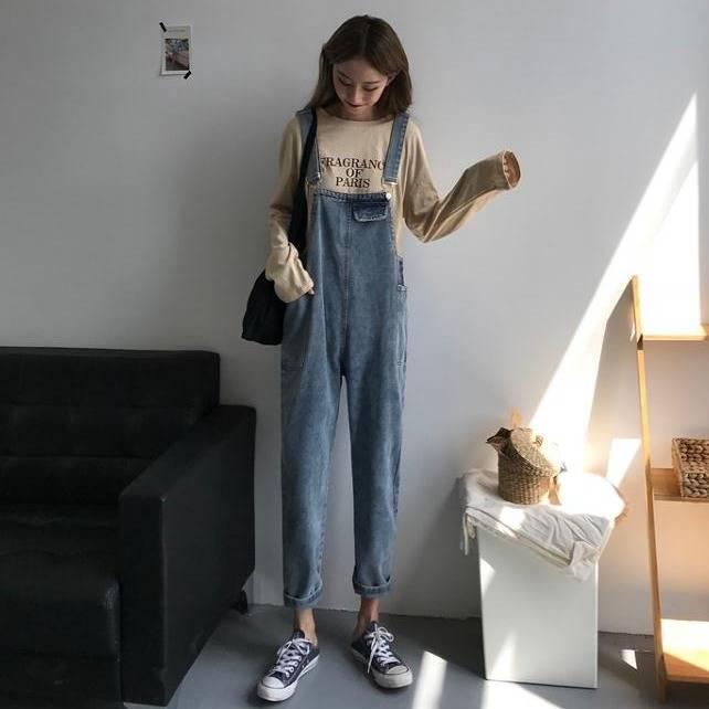 WTEMPO Loose Retro Denim Overalls Women's Slimming High-rise Straight-leg Cropped Pants High-rise Jeans