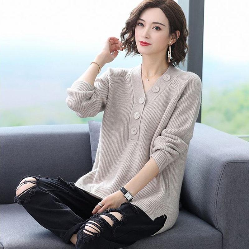 Sweater Women's Pullover Knitwear V-neck Korean Solid Color Loose Casual Top Trending Sweater Autumn and Winter Tops Lady Style