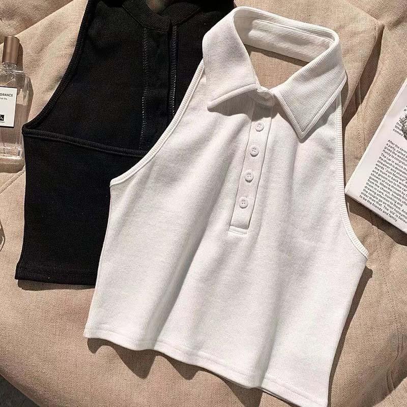 Polo Shirt Collar Halter Camisole Women Outerwear Summer Sexy Open Back Girl Slim Short Crop Top Solid Color Temperament Sleeveless Halter Vest Top