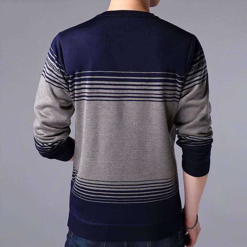 WTEMPO Men Pullover Cashmere Padded Warm Shirt Round Neck Striped Shirt Winter Soft and Comfortable Pullover